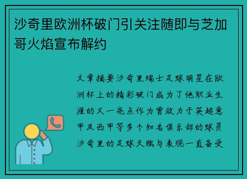 沙奇里欧洲杯破门引关注随即与芝加哥火焰宣布解约